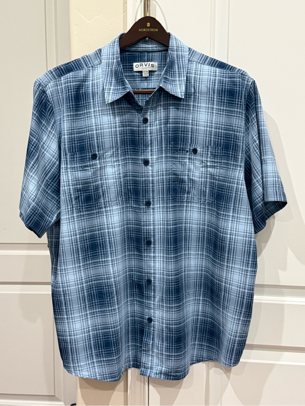 Orvis Men's Blue Plaid Short Sleeve Button-Down Shirt Hiking Outdoor Sz XXL